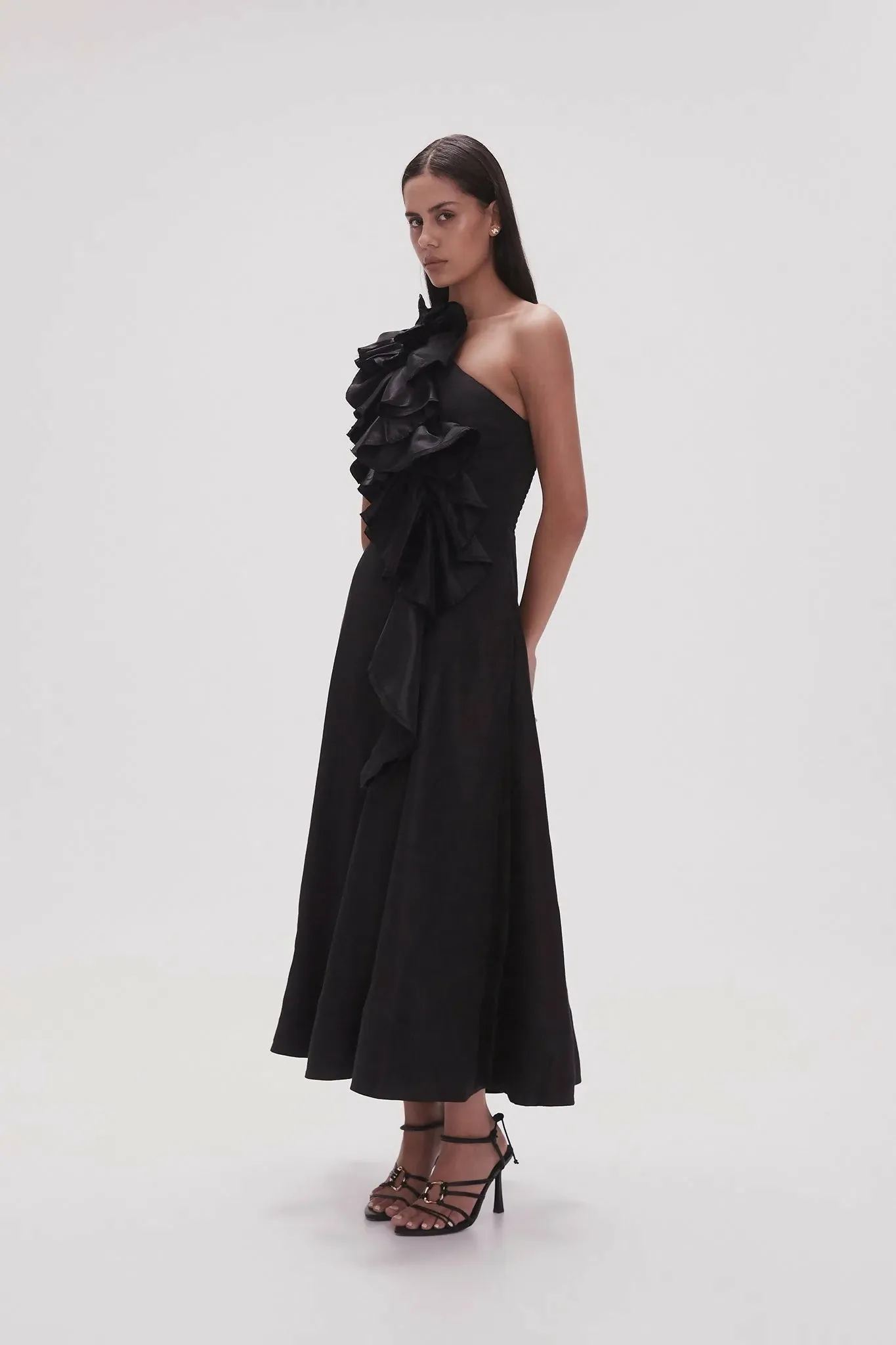 Aje Adelia Ruffle Midi Dress Black Size 10