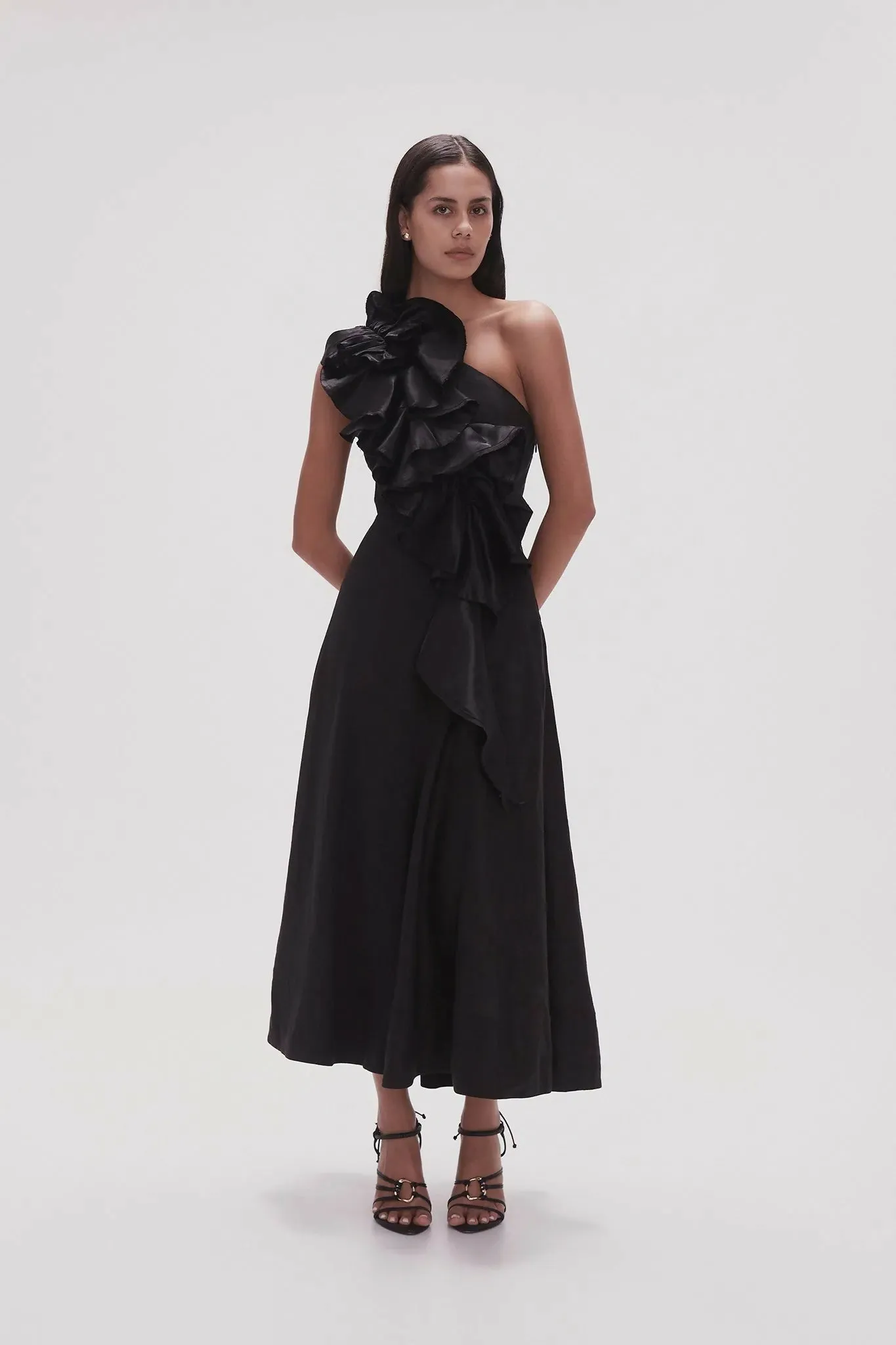 Aje Adelia Ruffle Midi Dress Black Size 10
