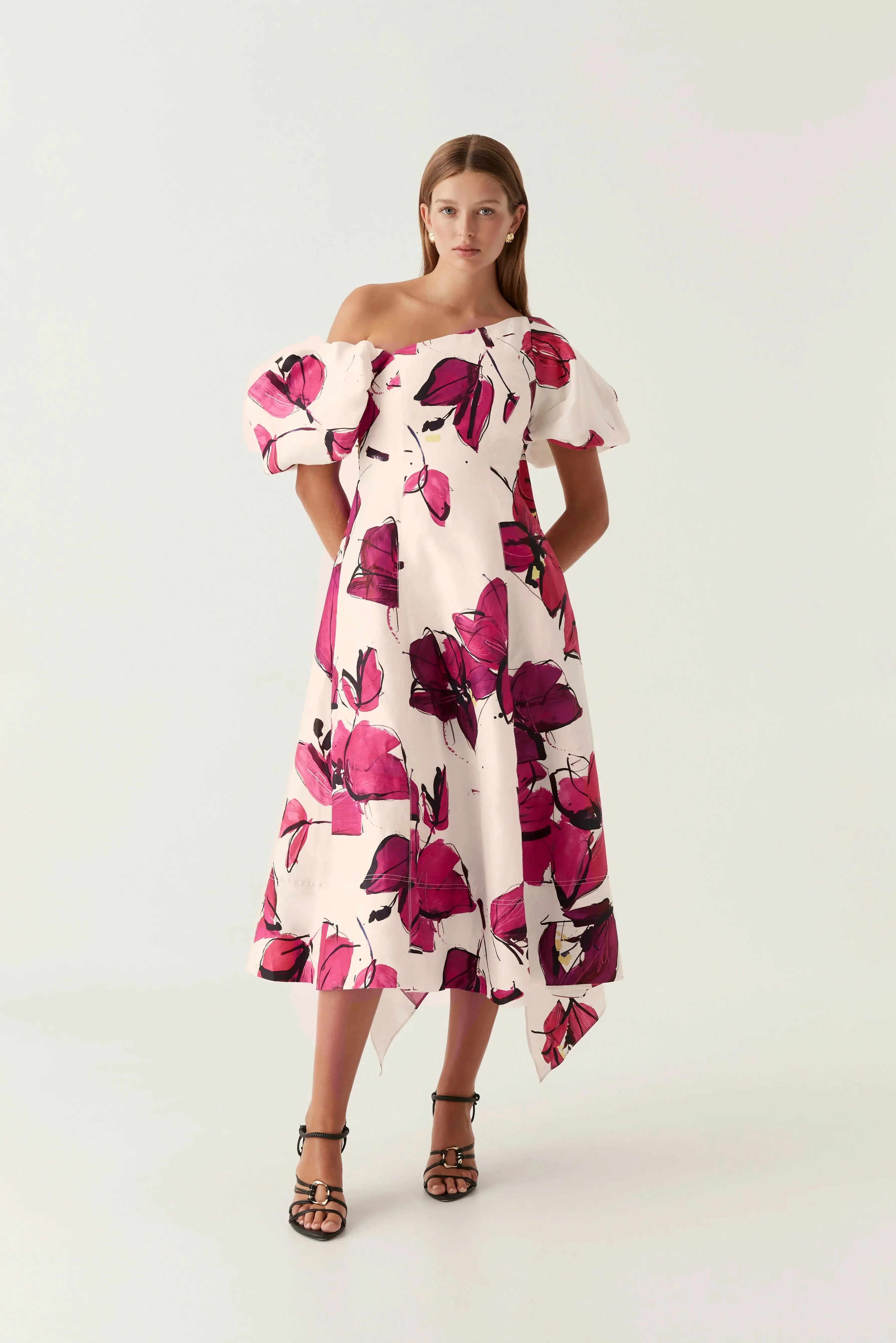 Aje Arista Tulip Sleeve Midi Dress Falling Florals