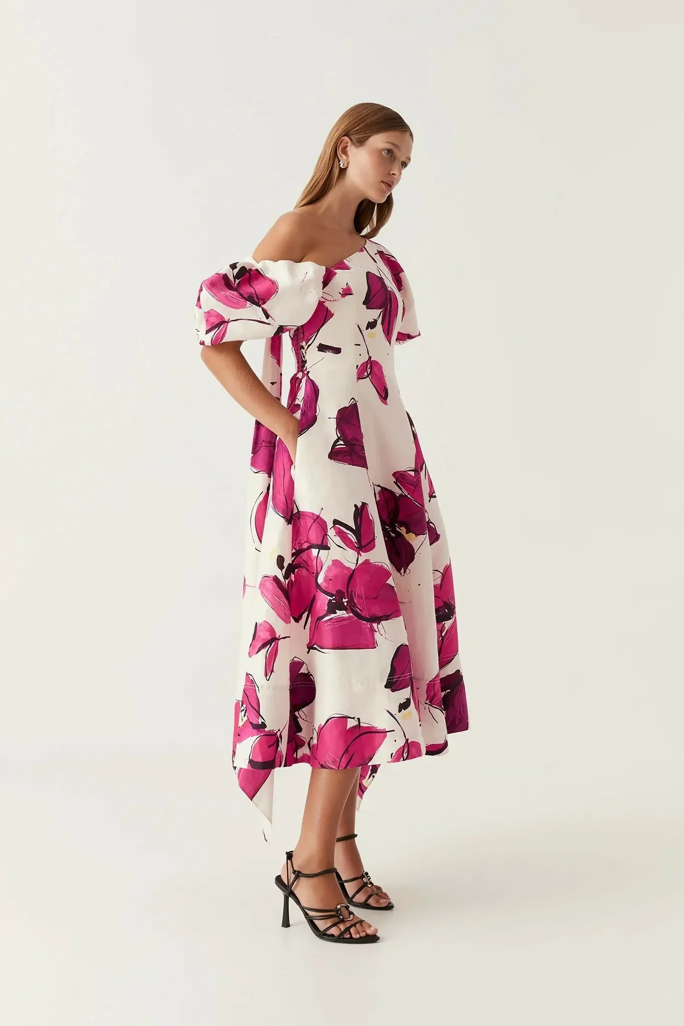 Aje Arista Tulip Sleeve Midi Dress Falling Florals