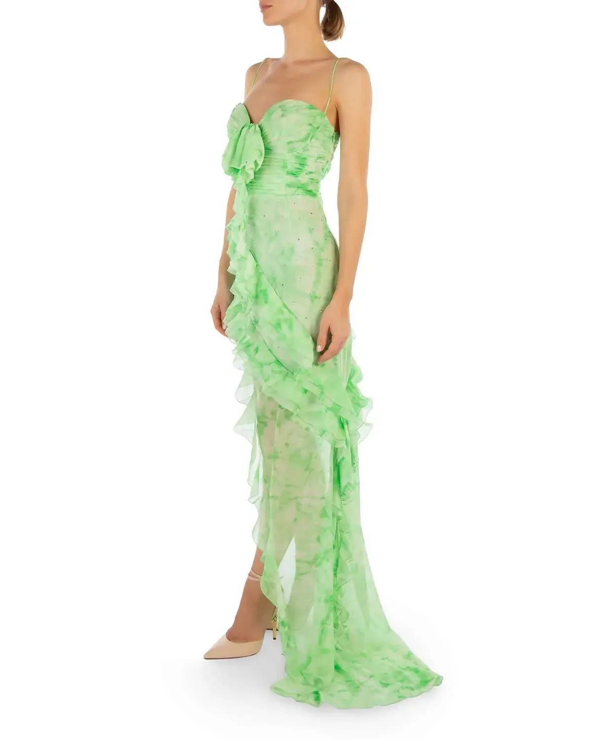 Alessandra Rich Asymmetric Embellished Tie-Dyed Silk-Georgette Gown Green Size 36/ AU 6