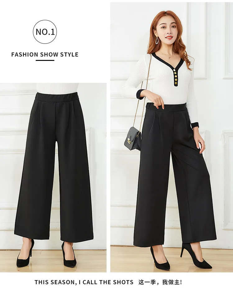 Ankle-Length Pants High Waist Drape Wide Leg Stretchable Plus Size Loose Women Casual Korean Slim Look Pants