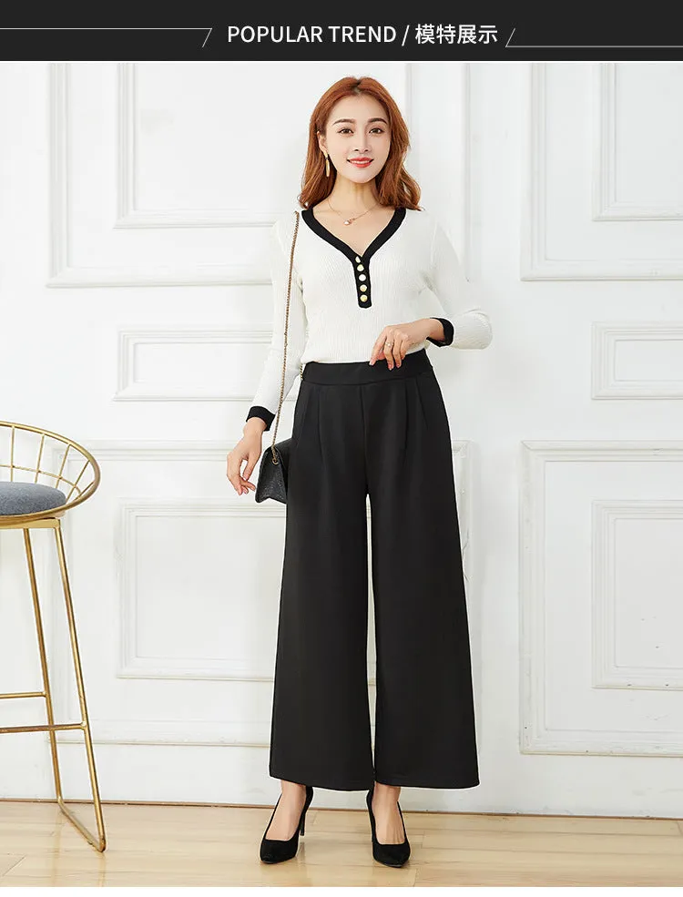 Ankle-Length Pants High Waist Drape Wide Leg Stretchable Plus Size Loose Women Casual Korean Slim Look Pants