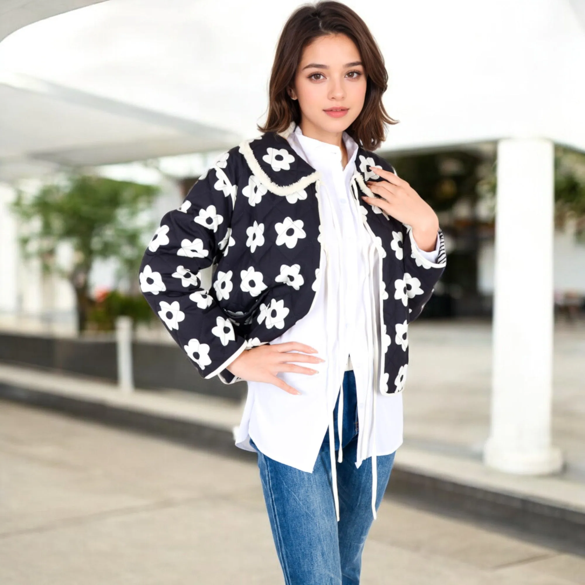 Anna-Kaci Women's Floral Quilted Jacket with Peter Pan Collar and Tie Closure