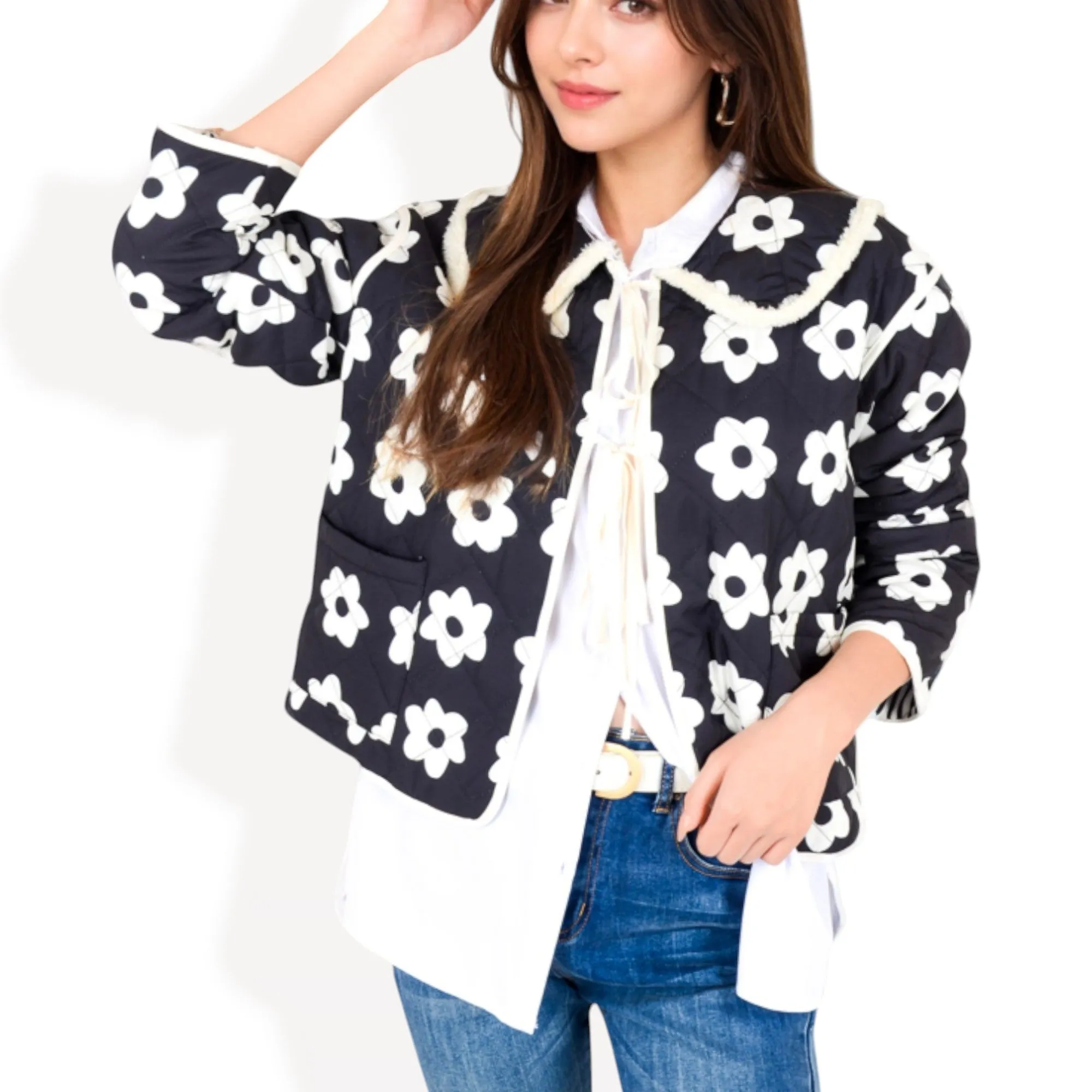 Anna-Kaci Women's Floral Quilted Jacket with Peter Pan Collar and Tie Closure
