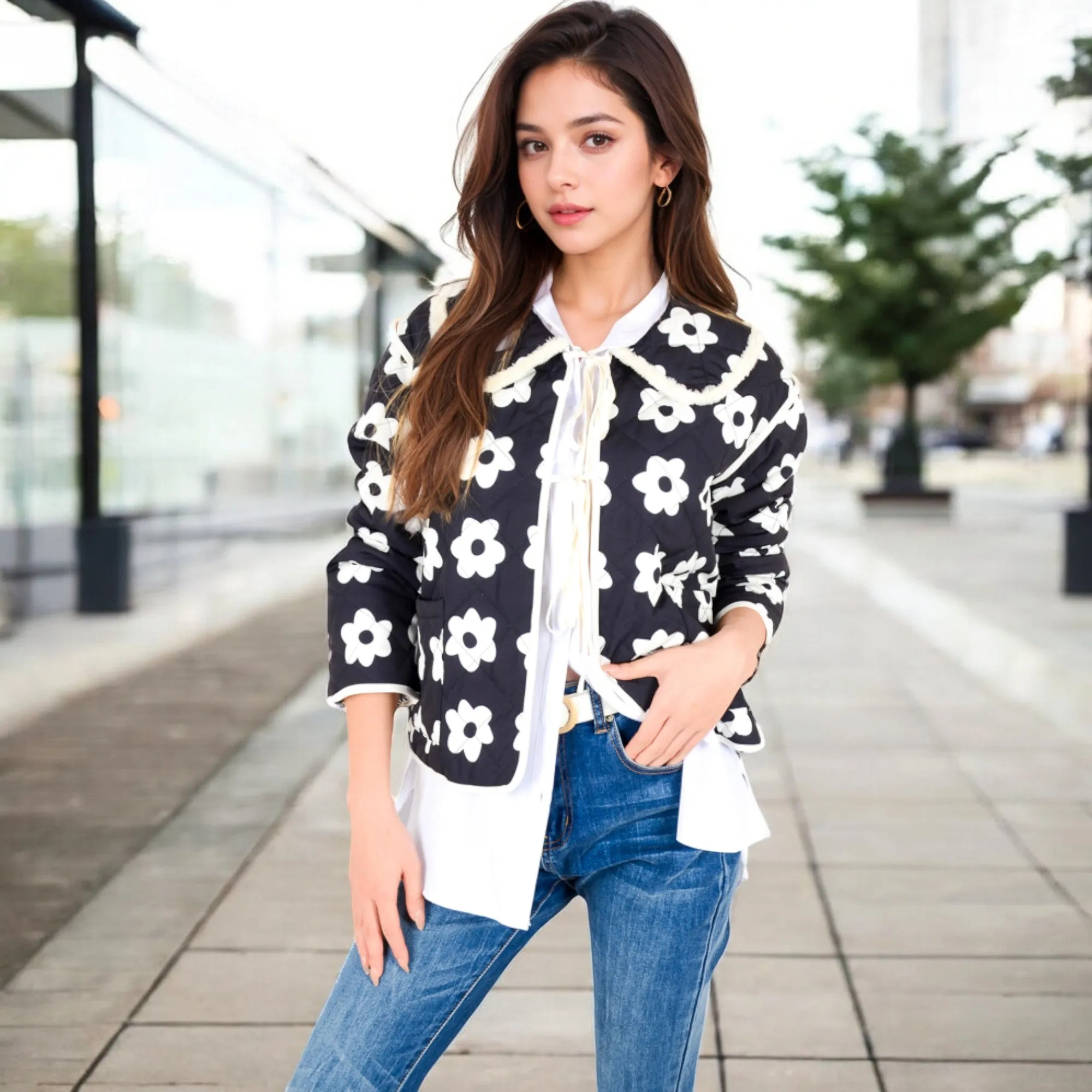 Anna-Kaci Women's Floral Quilted Jacket with Peter Pan Collar and Tie Closure