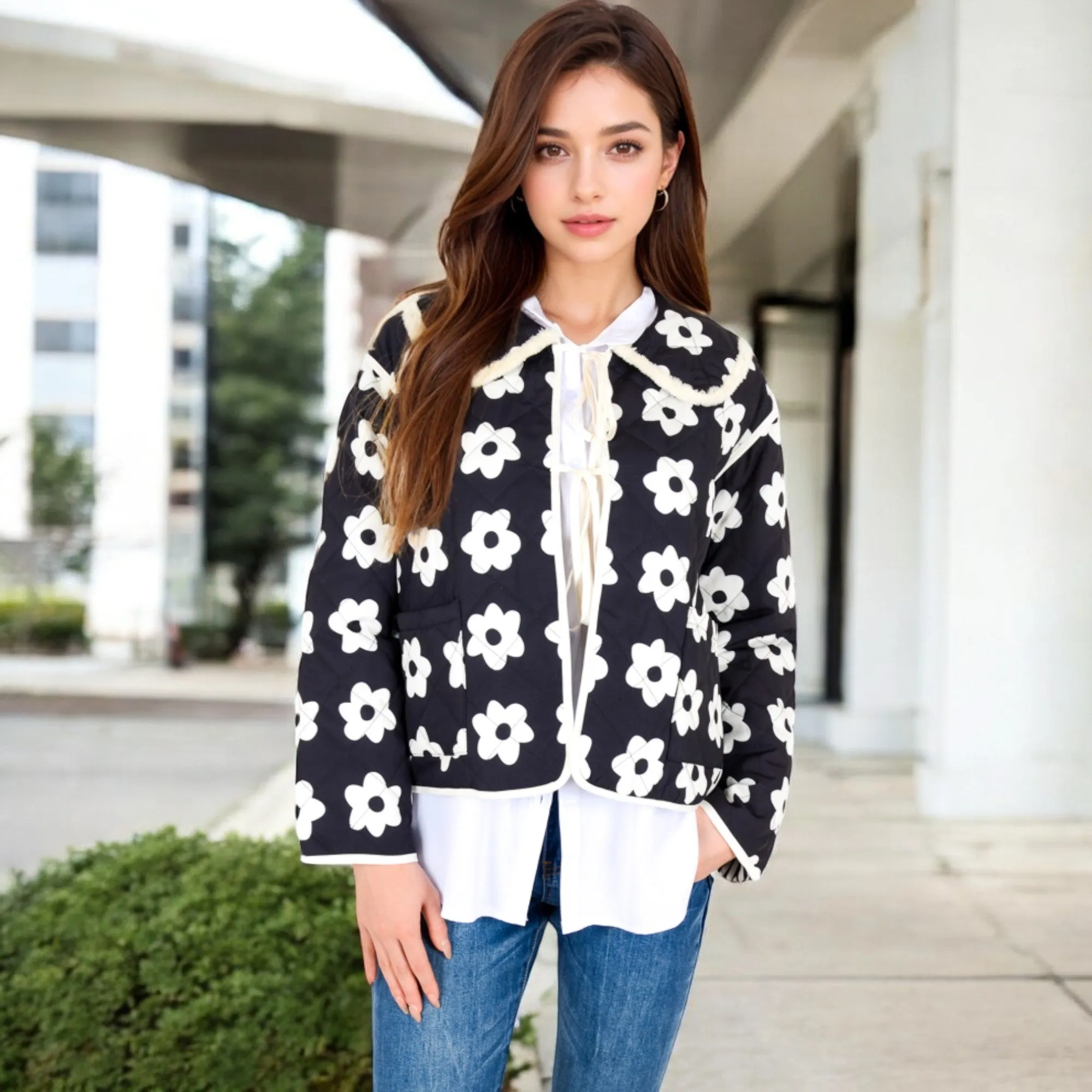 Anna-Kaci Women's Floral Quilted Jacket with Peter Pan Collar and Tie Closure