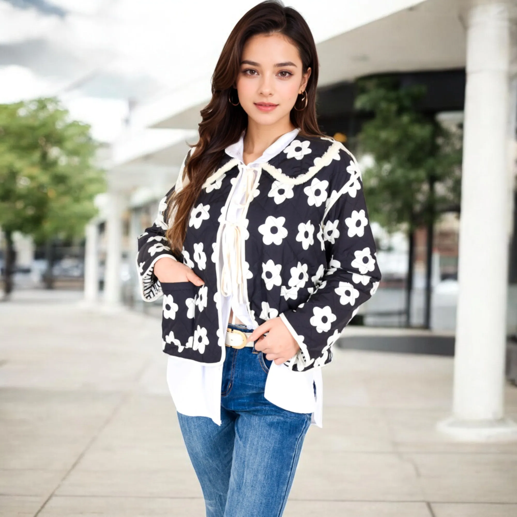 Anna-Kaci Women's Floral Quilted Jacket with Peter Pan Collar and Tie Closure