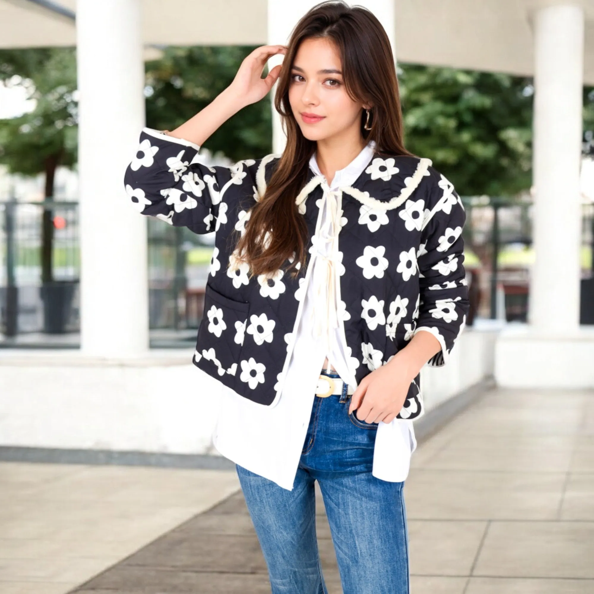 Anna-Kaci Women's Floral Quilted Jacket with Peter Pan Collar and Tie Closure