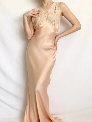 Antique 1930s Pure Silk Pink Bias Gown (XS)