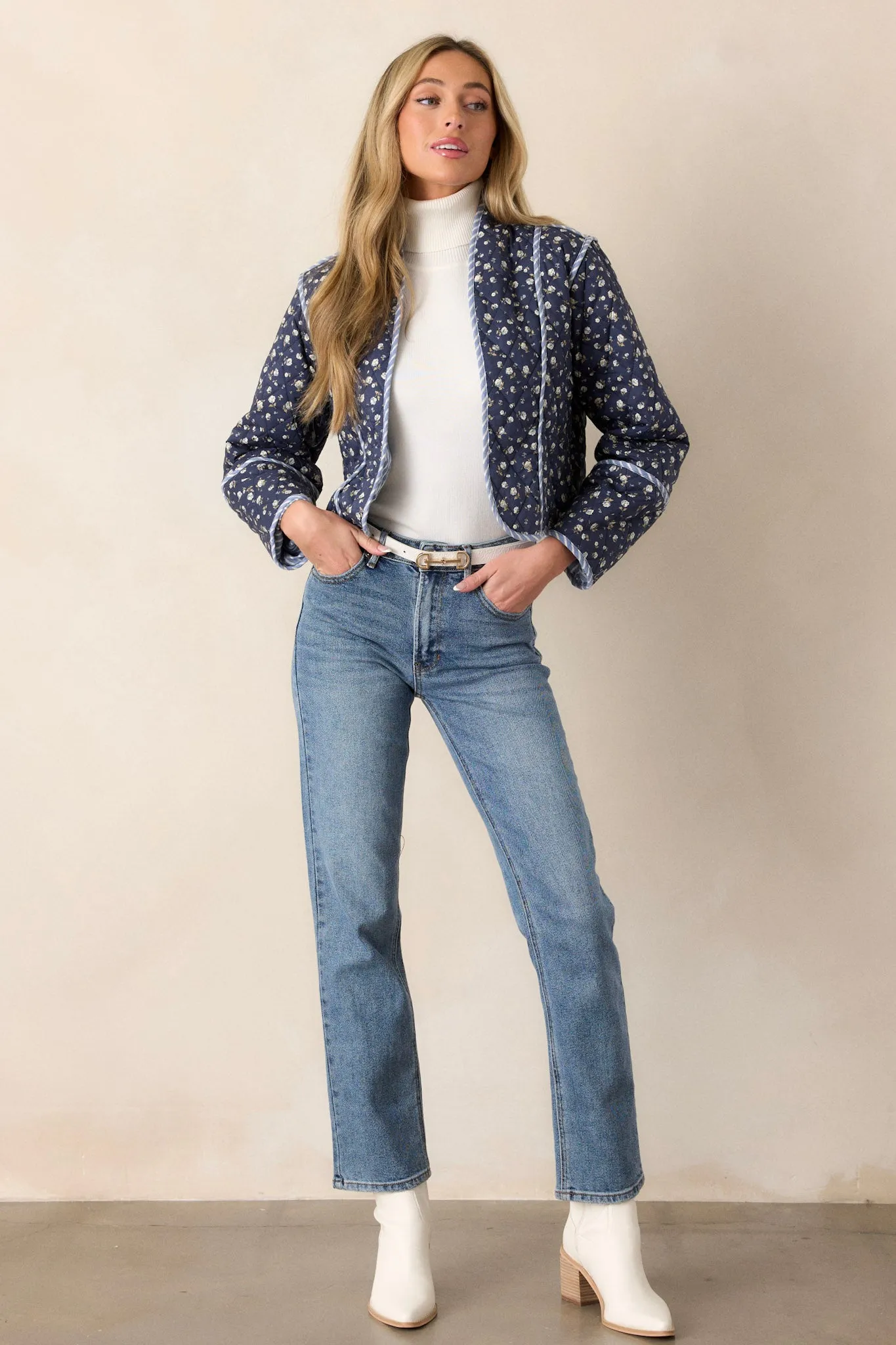 Anywhere But Here Cotton Navy Floral Quilted Jacket