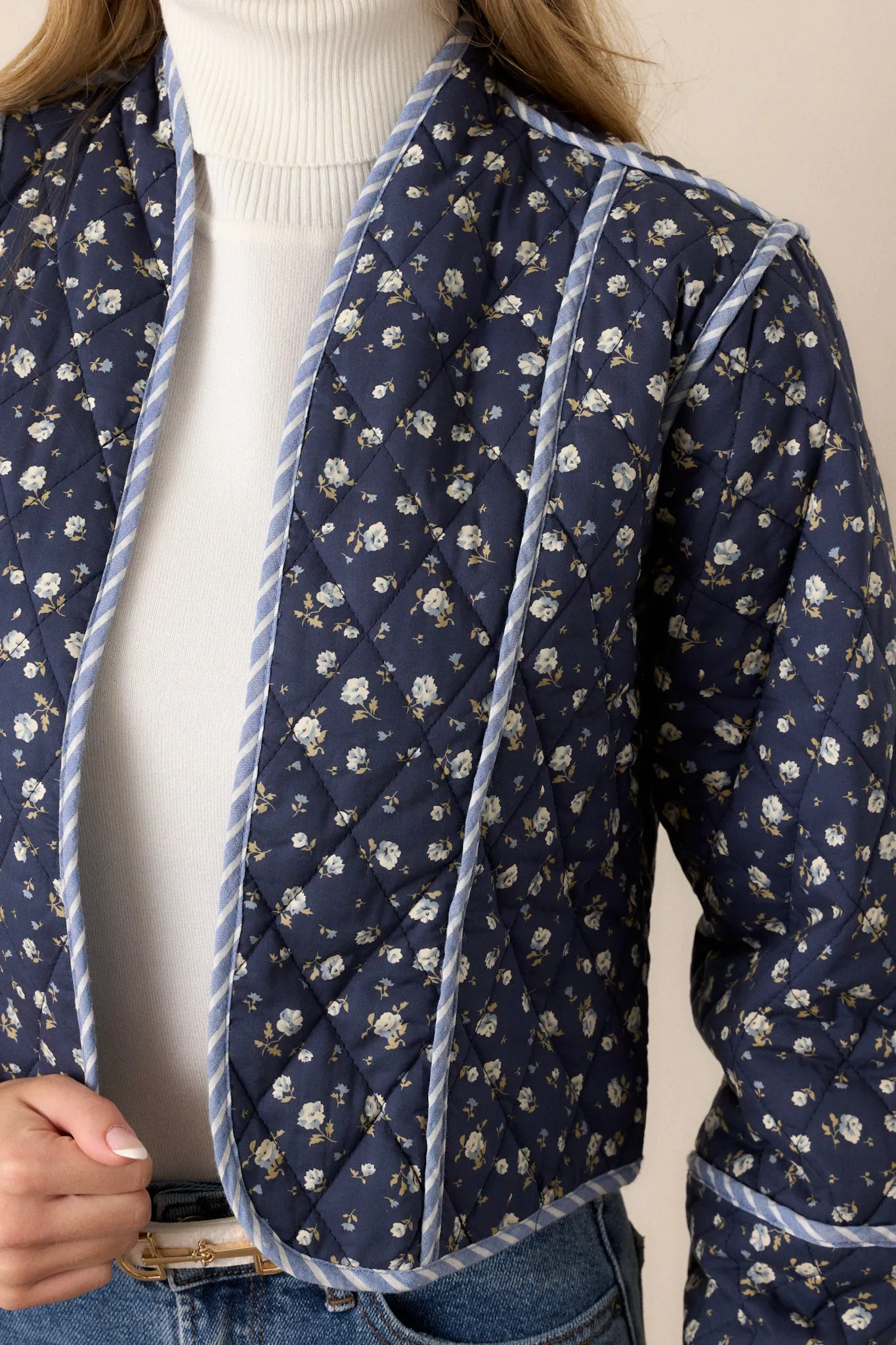 Anywhere But Here Cotton Navy Floral Quilted Jacket