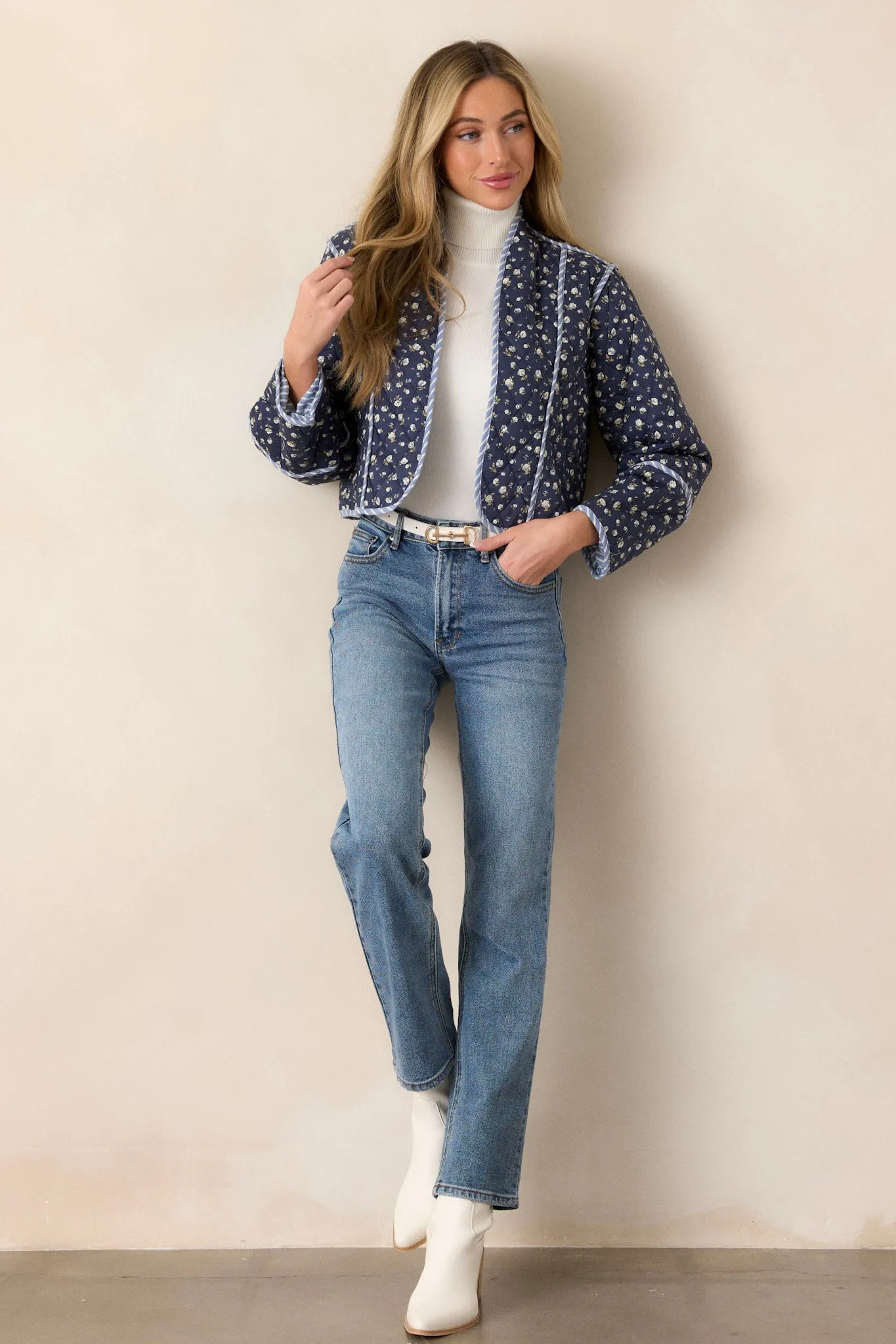 Anywhere But Here Cotton Navy Floral Quilted Jacket