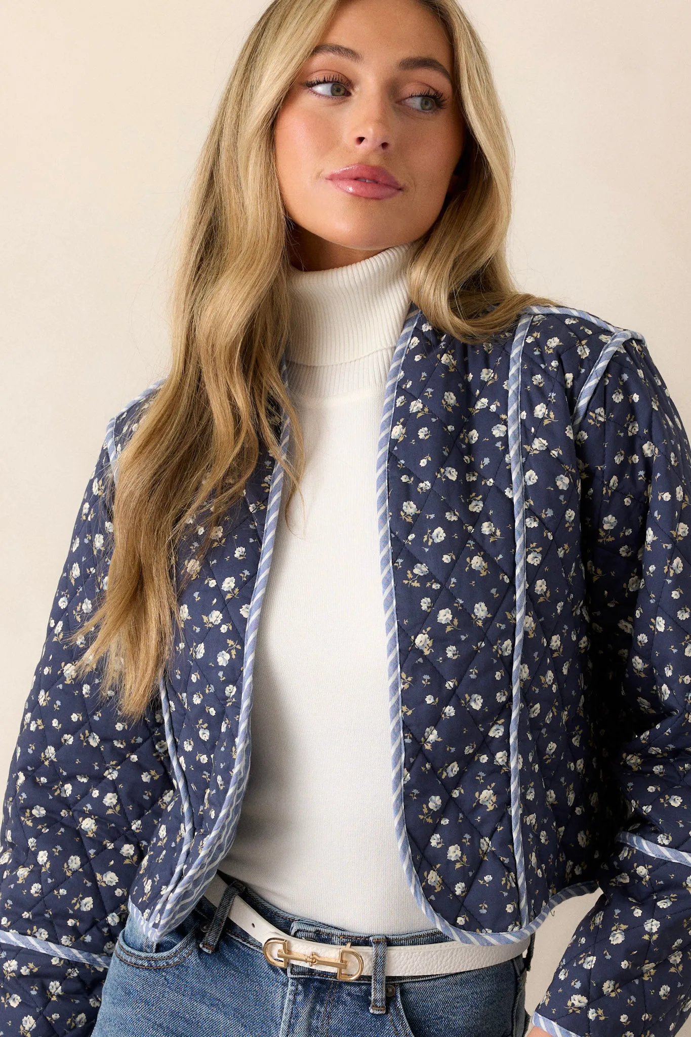 Anywhere But Here Cotton Navy Floral Quilted Jacket