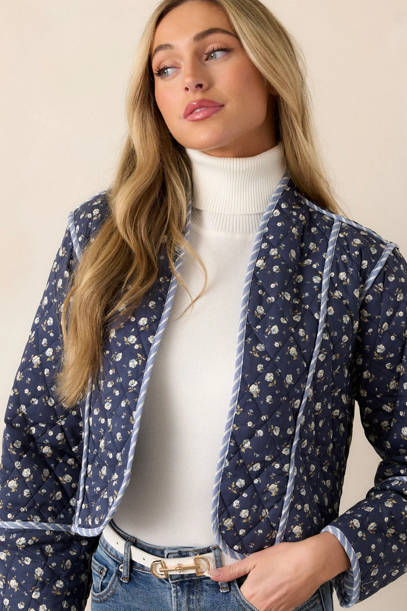 Anywhere But Here Cotton Navy Floral Quilted Jacket
