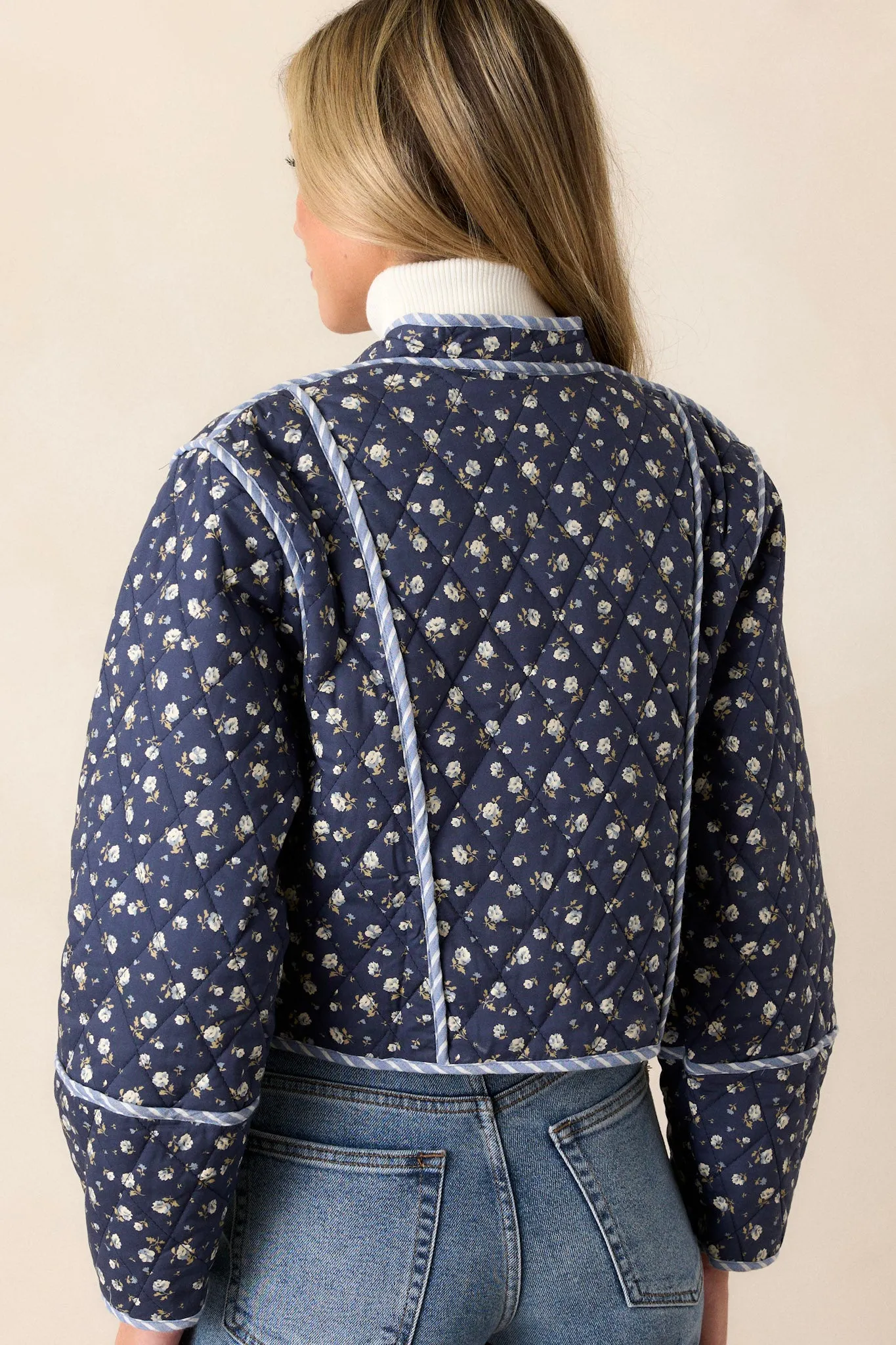 Anywhere But Here Cotton Navy Floral Quilted Jacket