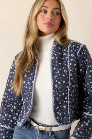 Anywhere But Here Cotton Navy Floral Quilted Jacket