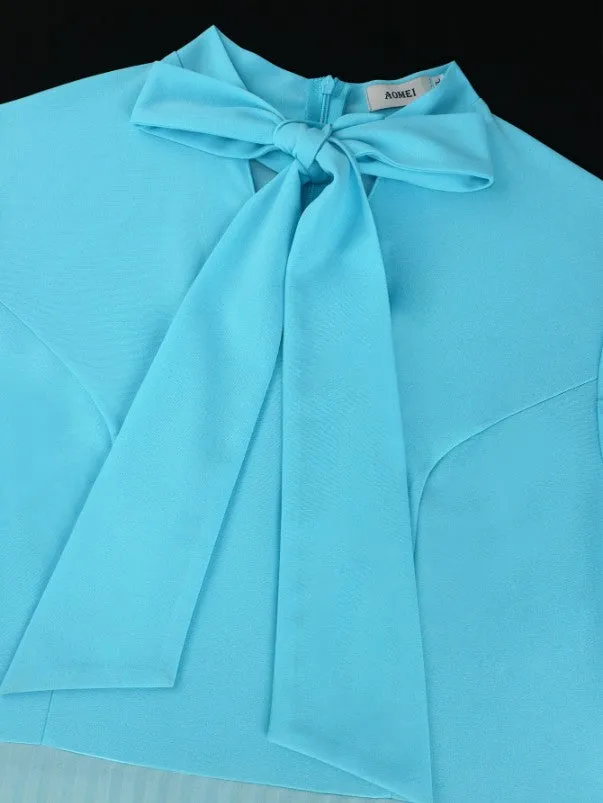 AOMEIDRESS Color Block Pleated Dress Mock Neck Bowtie Short Sleeves