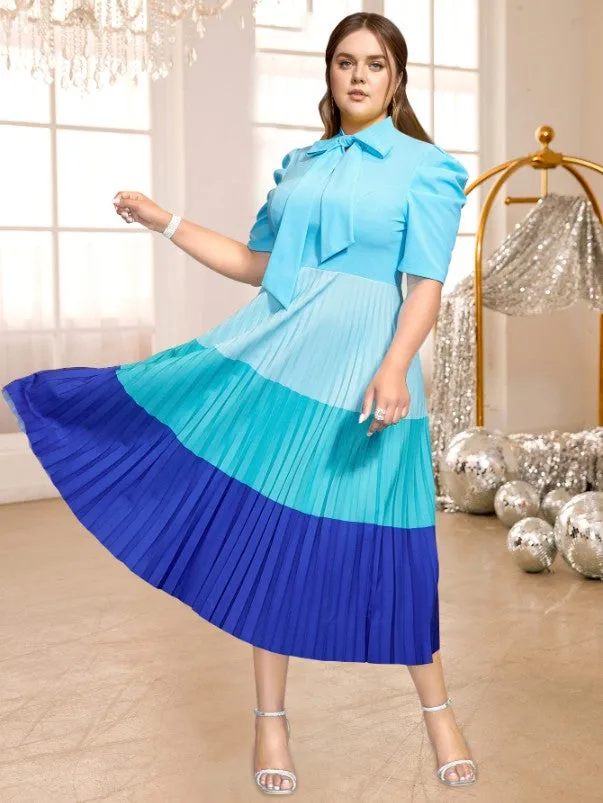 AOMEIDRESS Color Block Pleated Dress Mock Neck Bowtie Short Sleeves