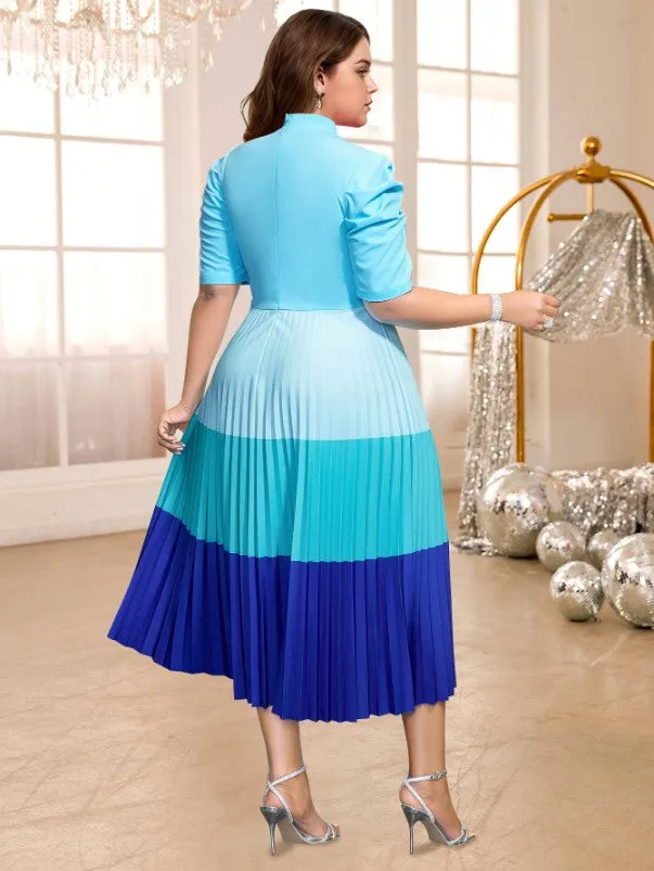 AOMEIDRESS Color Block Pleated Dress Mock Neck Bowtie Short Sleeves