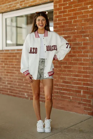 ARKANSAS RAZORBACKS VARSITY STRIPES ADULT TEXTURED MIDWEIGHT SNAP JACKET BY MADI PREWETT TROUTT