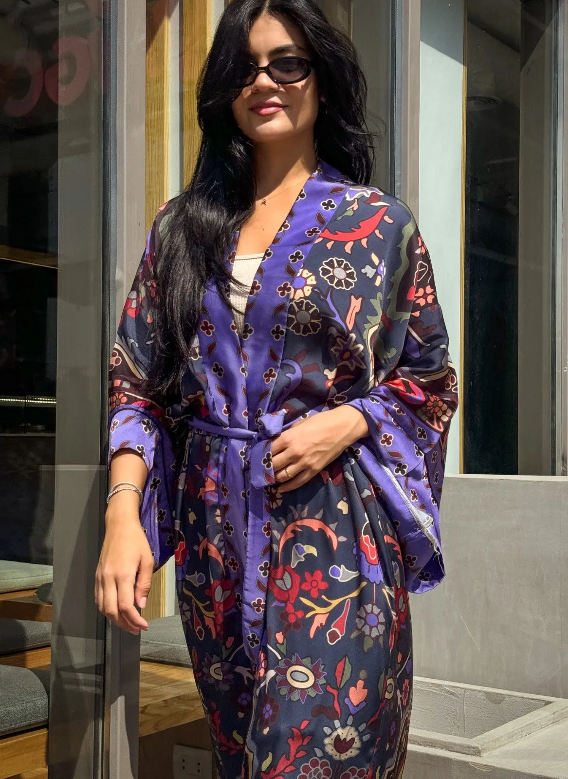 Azadeh Satin Kimono In Teal