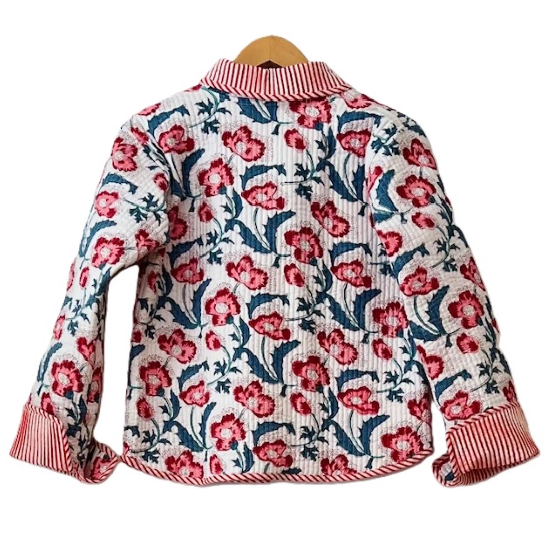 Be Mine Quilted  Womens Jacket With Stripe Piping, Red Flowers