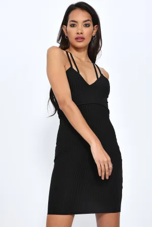 Black Cross Over Strapped Neck Ribbed Bodycon Dress