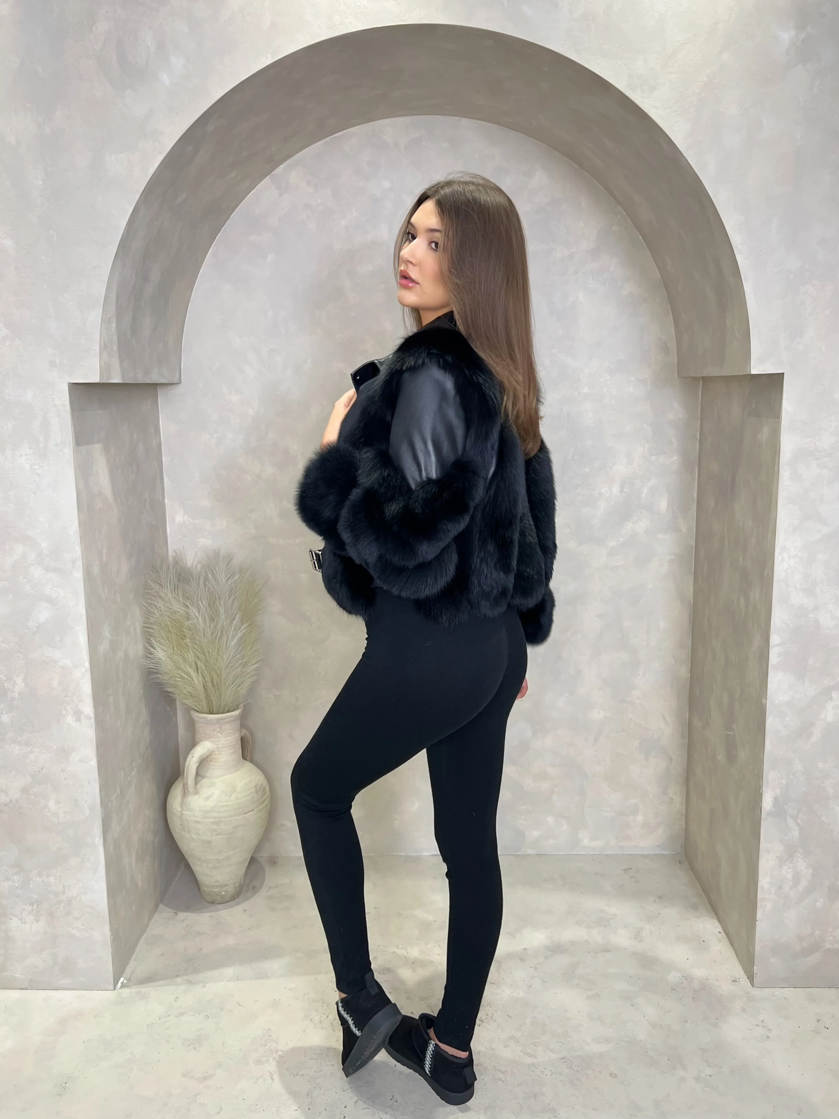 Black Luxury Fur Biker Style Jacket