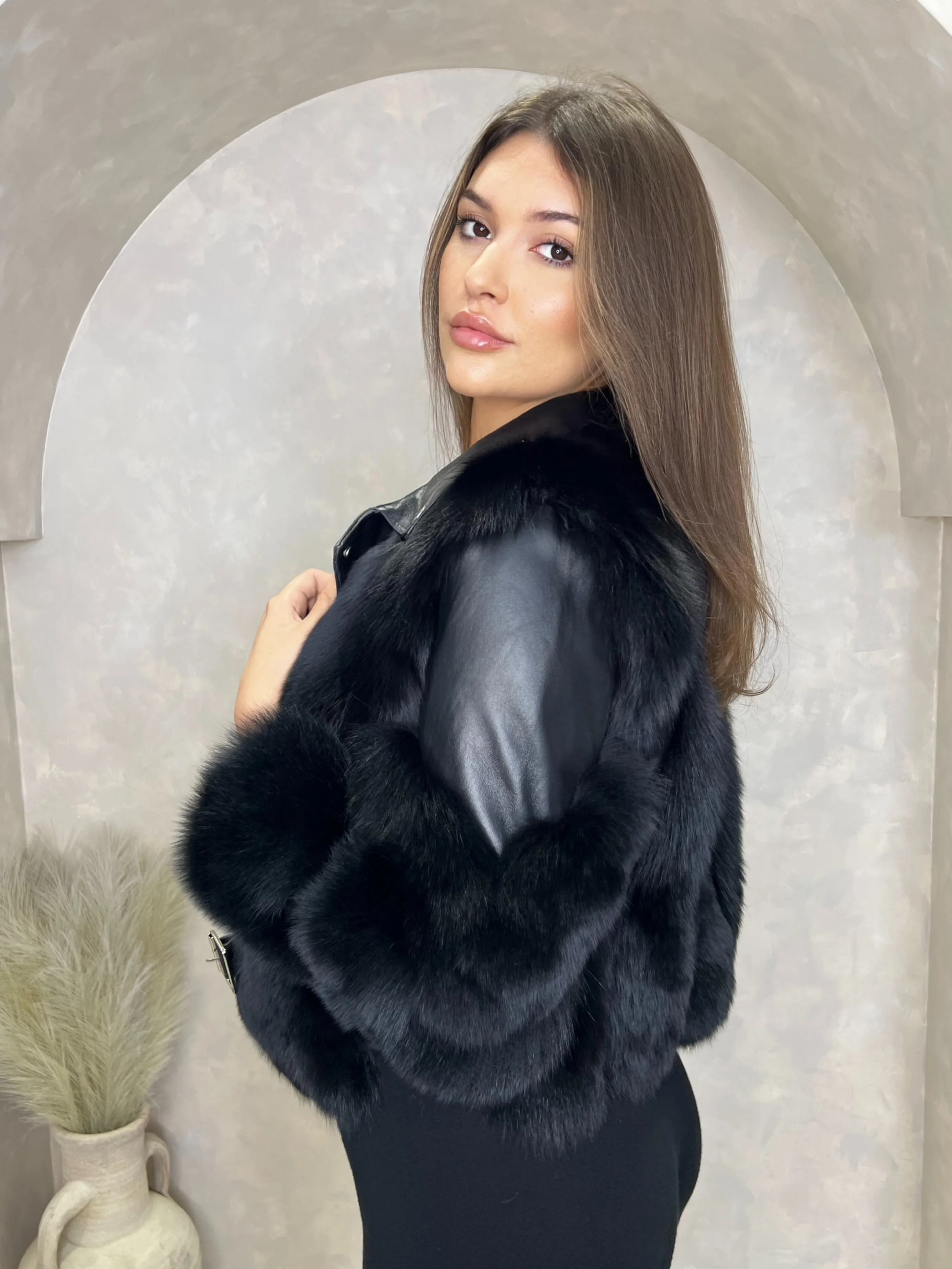 Black Luxury Fur Biker Style Jacket