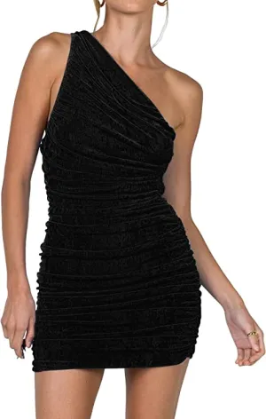 Black Women's Sexy One Shoulder Ruched Sleeveless Bodycon Mini Short Dress - Lyaner