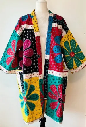 Bold Short Designer Patchwork Kimono. Vibrant Colors.