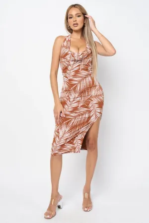 BULGARI PRINT COWL HALTER NECK BODYCON MIDI DRESS