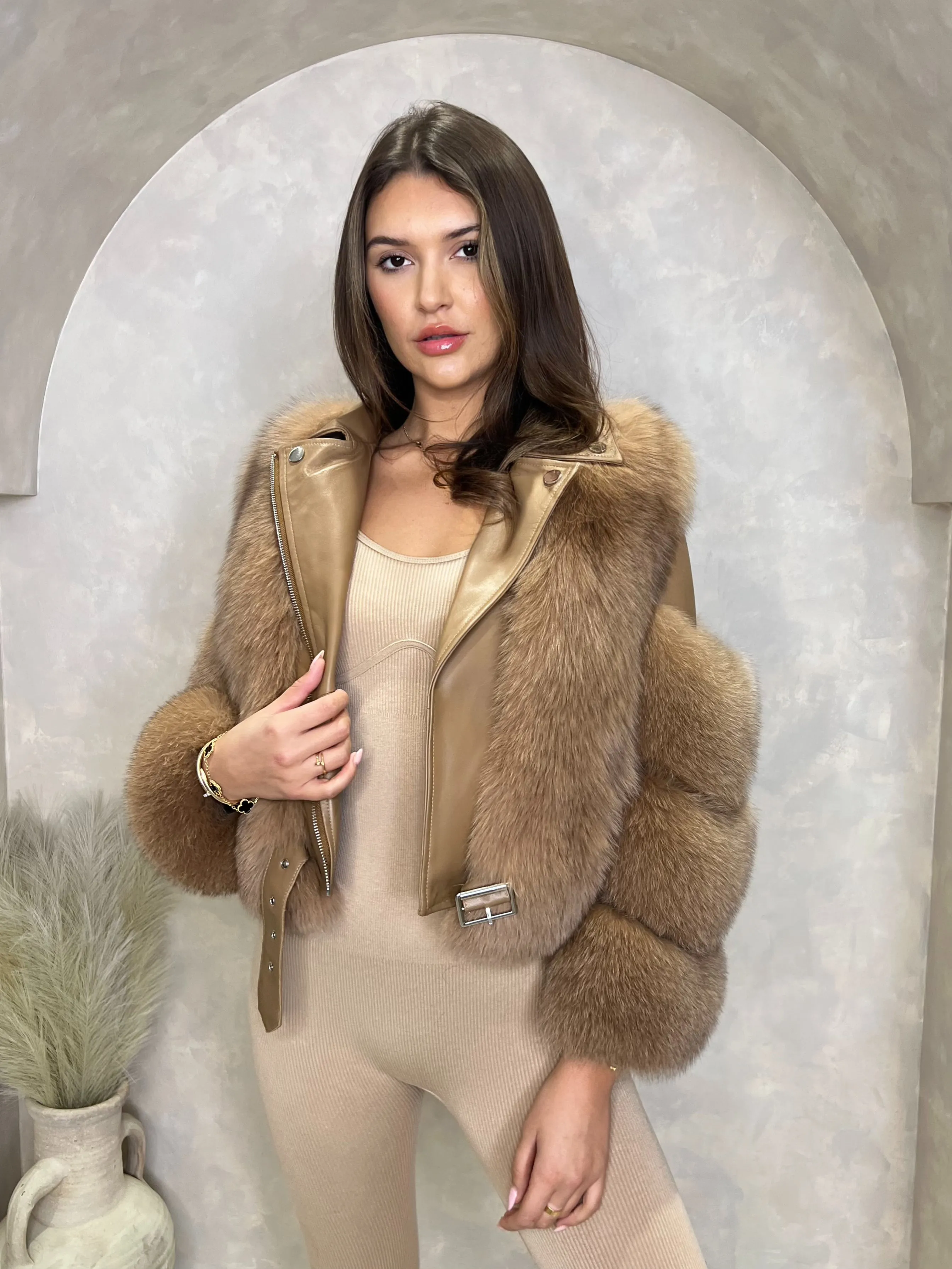Camel Luxury Fur Biker Style Jacket