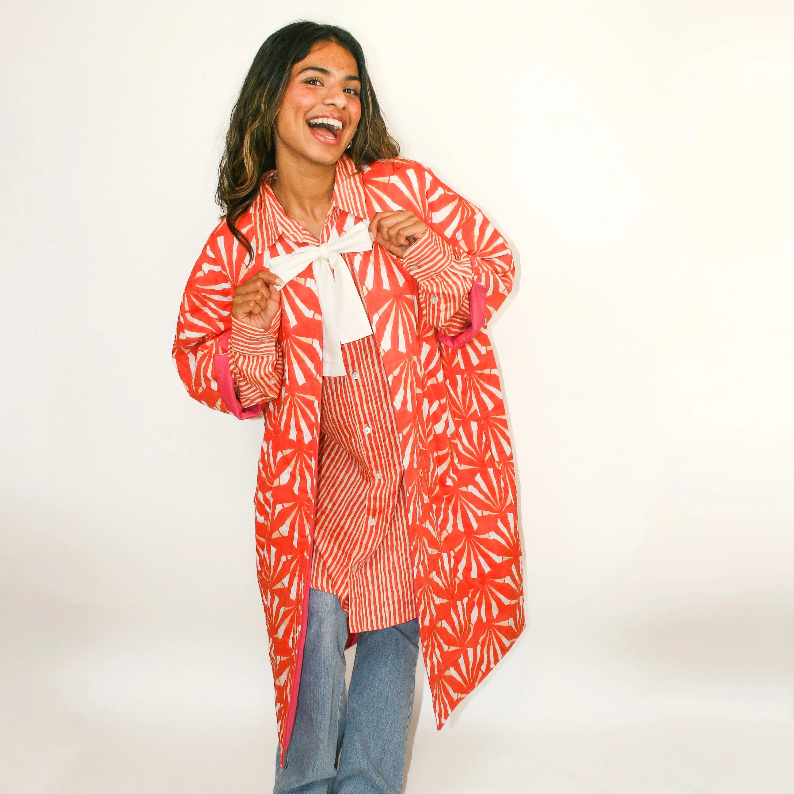 Camille Jacket in Coral Red and Sand Fan