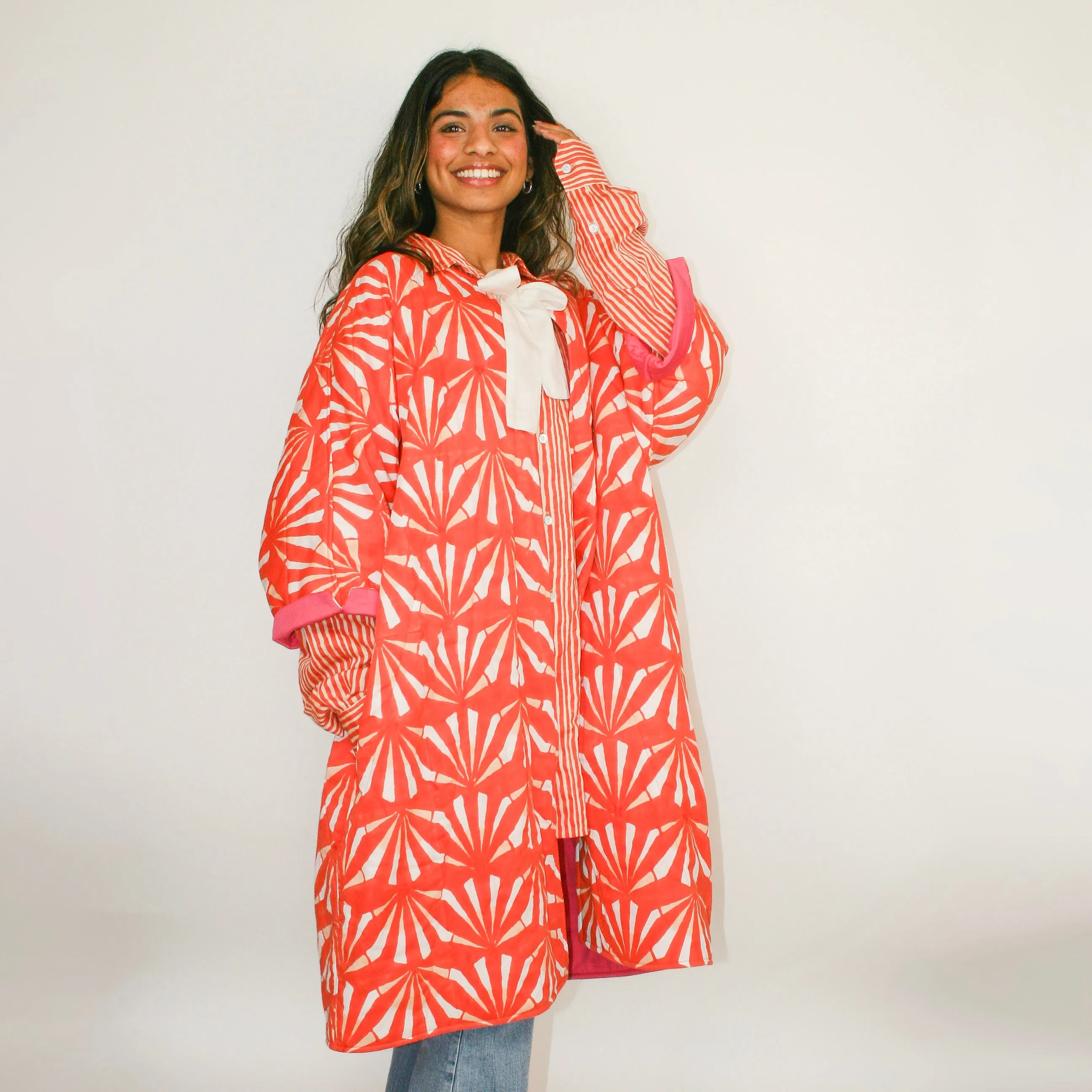 Camille Jacket in Coral Red and Sand Fan
