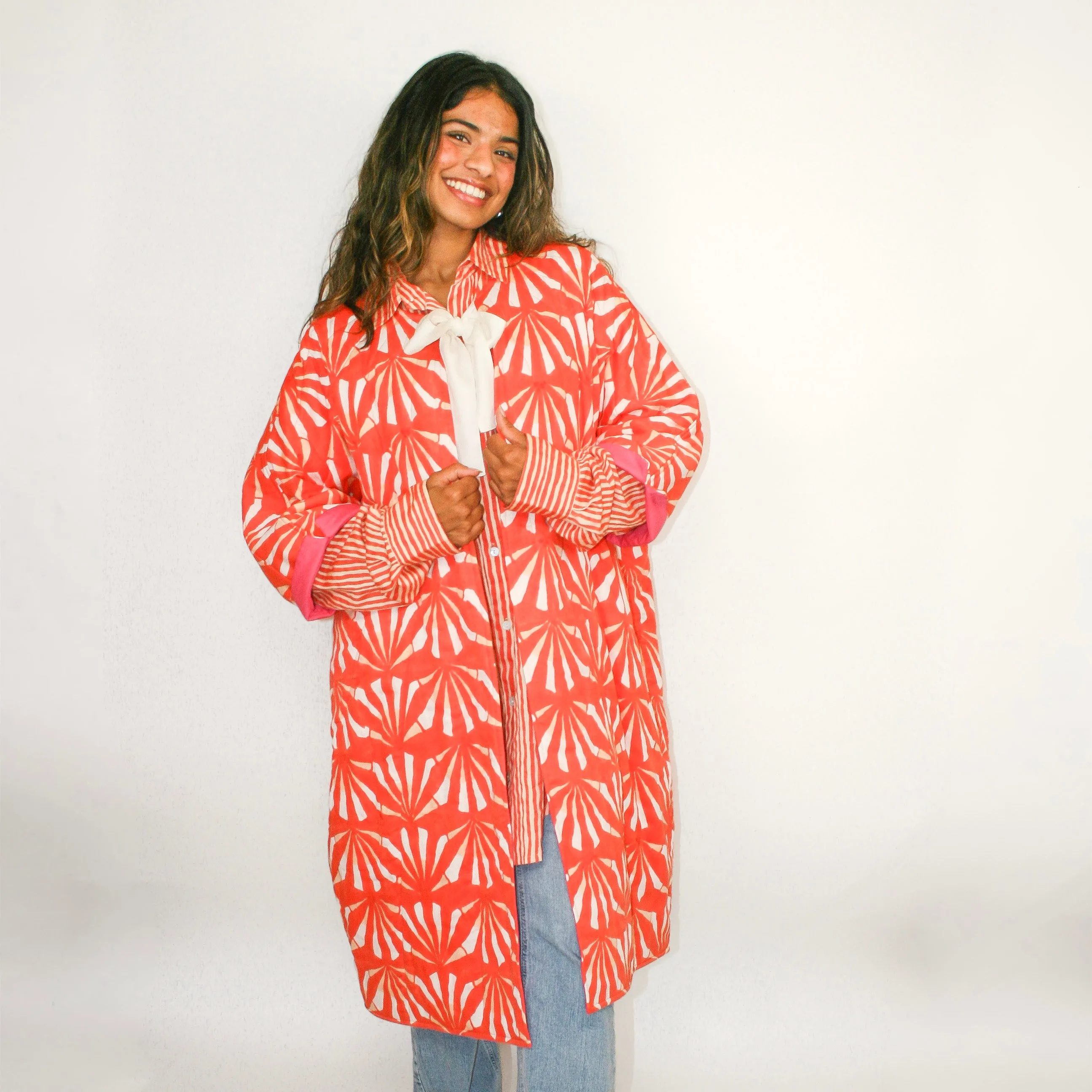 Camille Jacket in Coral Red and Sand Fan