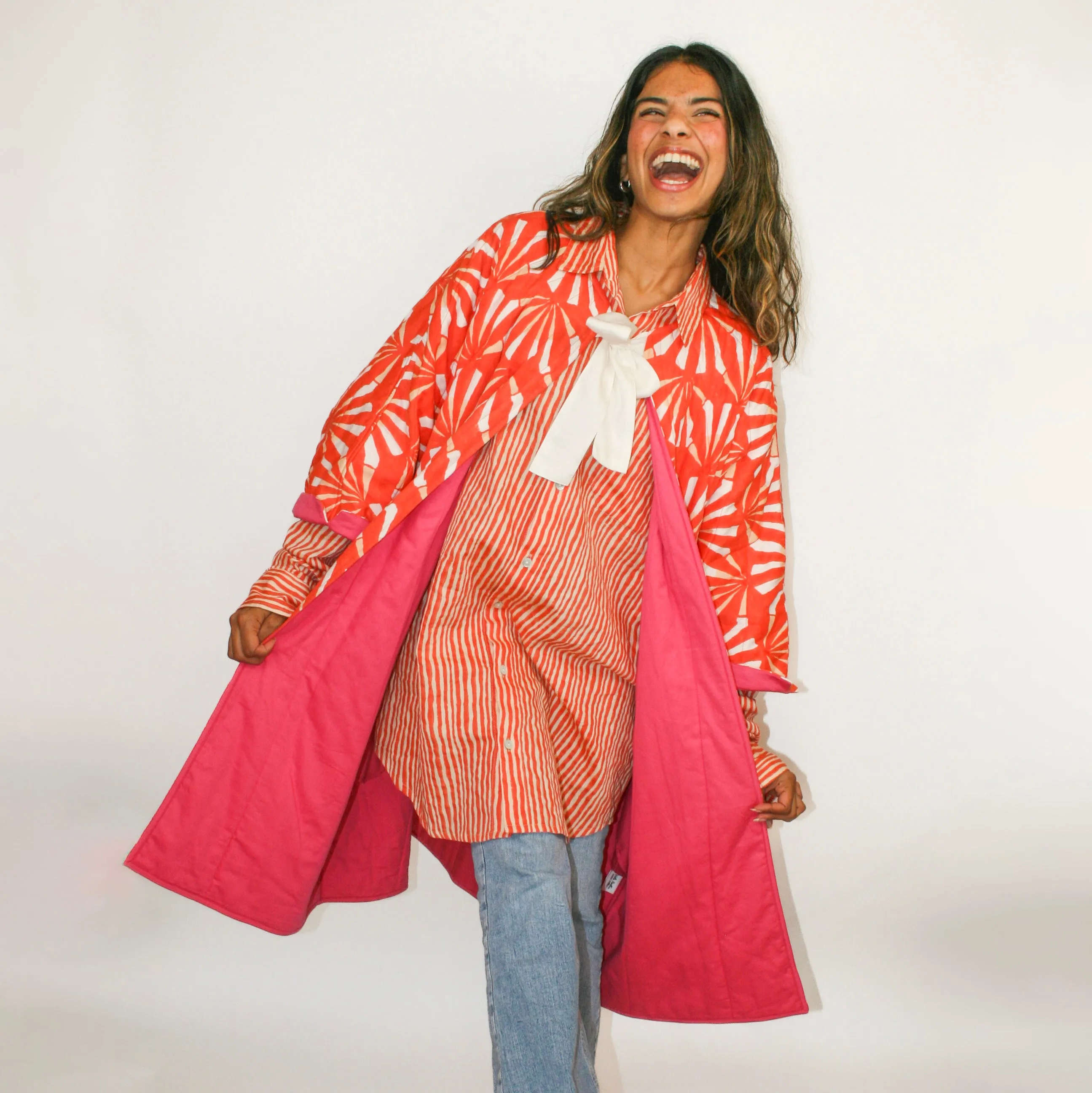 Camille Jacket in Coral Red and Sand Fan