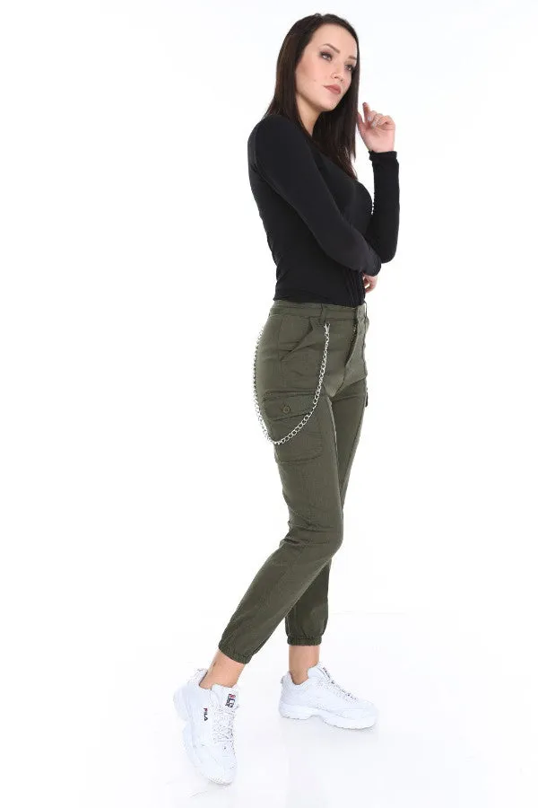Chain Detail Slim Fit Stretchy Khaki Cargo Trousers