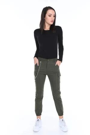 Chain Detail Slim Fit Stretchy Khaki Cargo Trousers