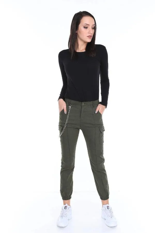 Chain Detail Slim Fit Stretchy Khaki Cargo Trousers
