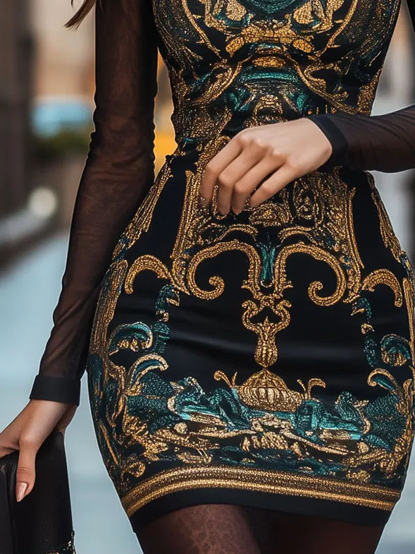Chic Sheer Sleeve Mock Neck Baroque Print Bodycon