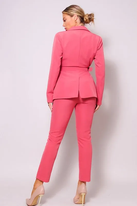 Cinnamon Belted Blazer & Pants Suit Set