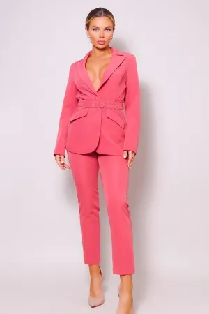 Cinnamon Belted Blazer & Pants Suit Set