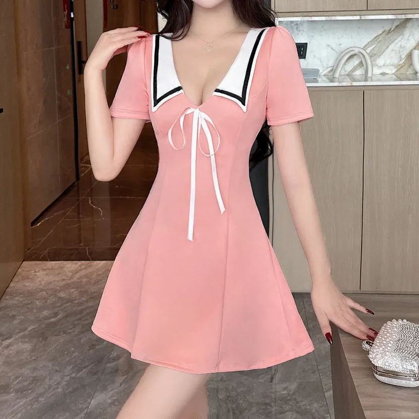 Contrast Color Lapel Uniform High Hem Short Sleeve Dress