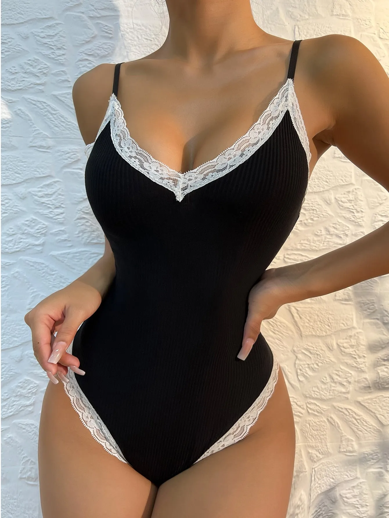 Contrast Lace Rib Teddy Bodysuit