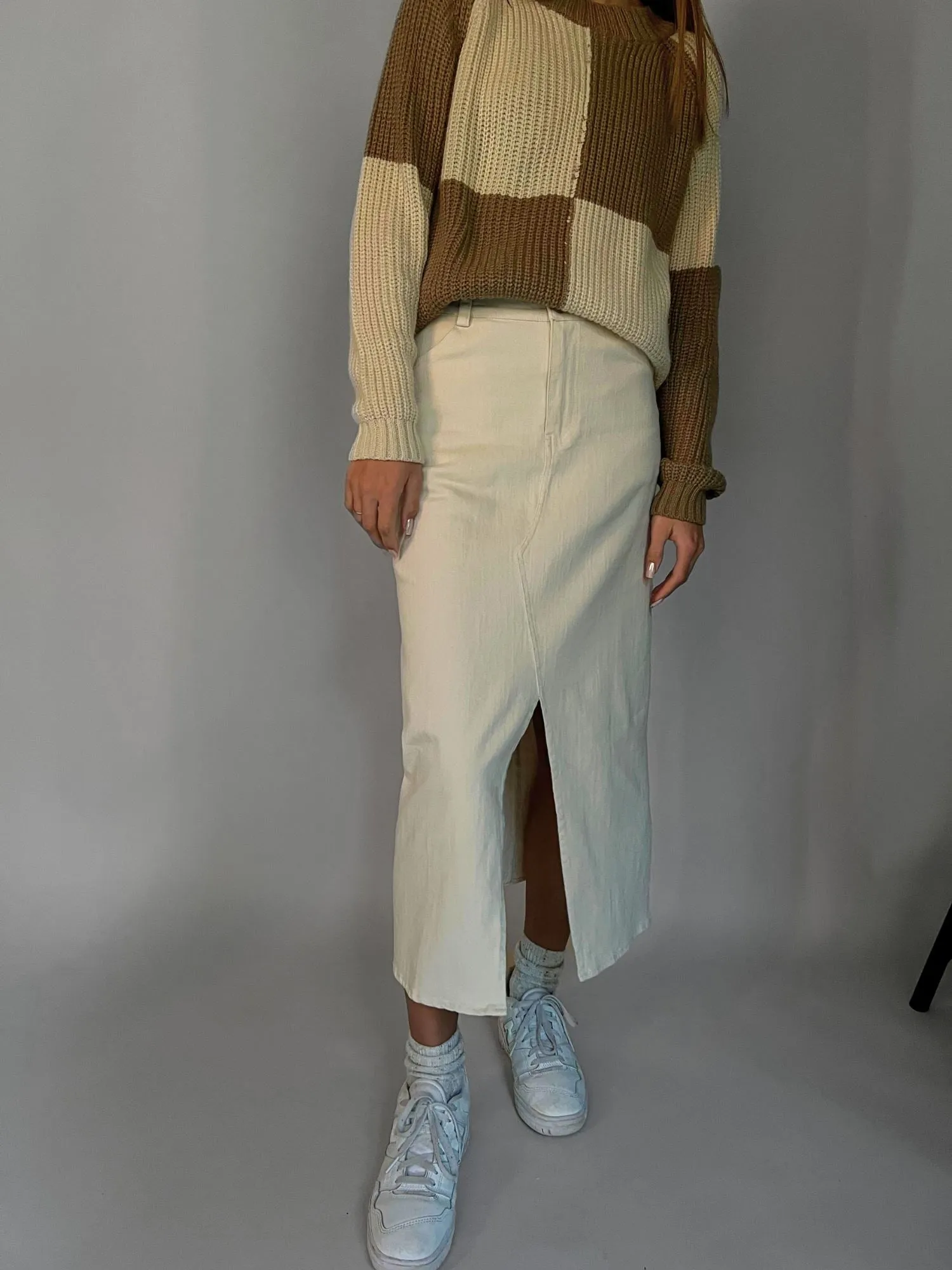 CREAM DENIM MIDI SKIRT