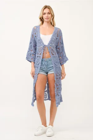 Crocheted Cotton Long Kimono ~ Blue