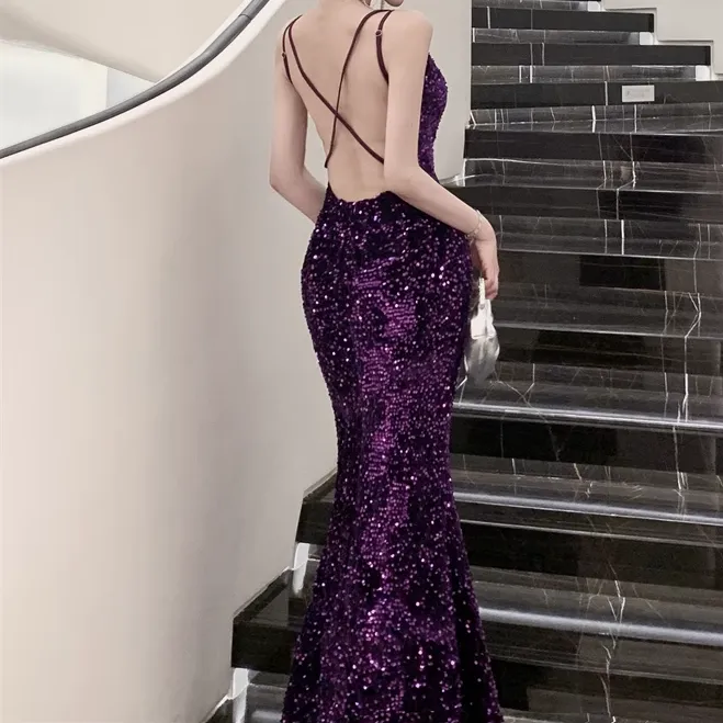 Cross Backless Sequin Party Prom Fishtail Dress