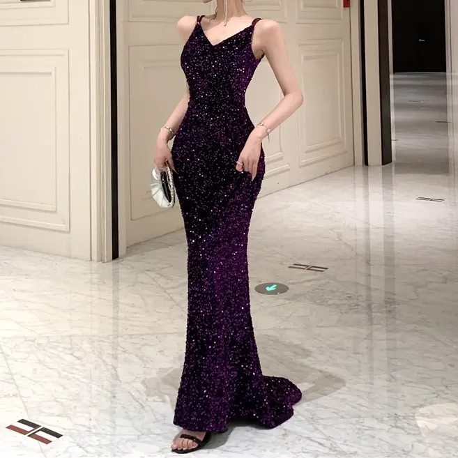 Cross Backless Sequin Party Prom Fishtail Dress